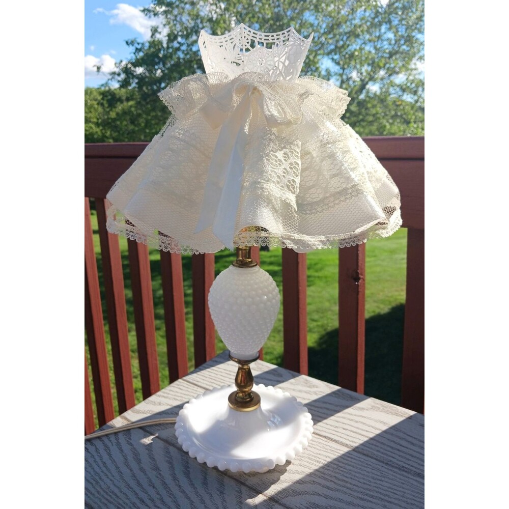 1950s White Milk Glass Hobnail Lamp Molded Plastic Ruffle Lace Clip On Lampshade